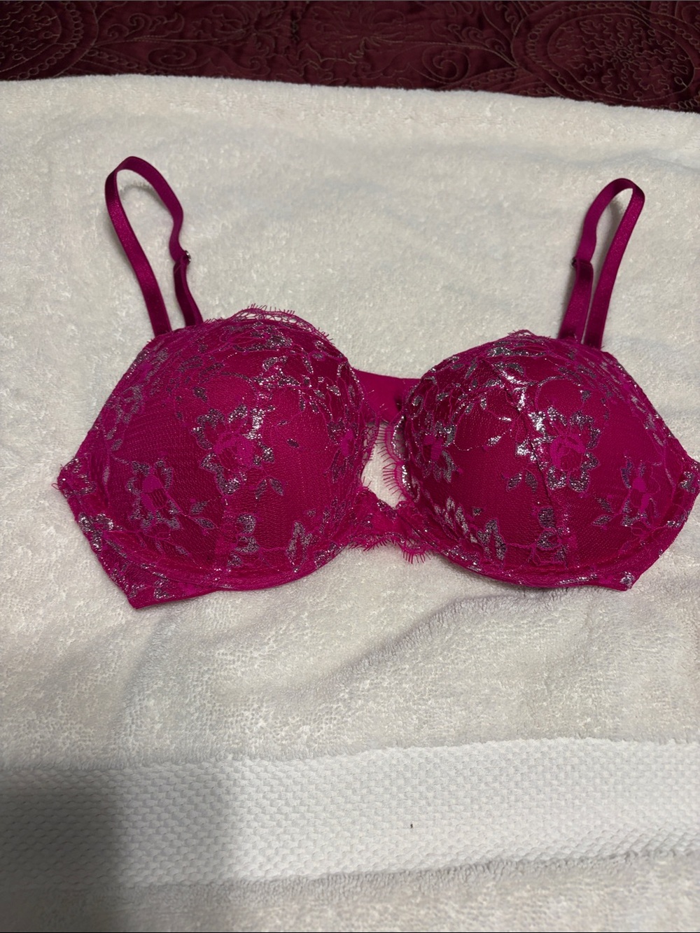 Victoria's Secret Hot Pink Lace Bra with Silver Accents